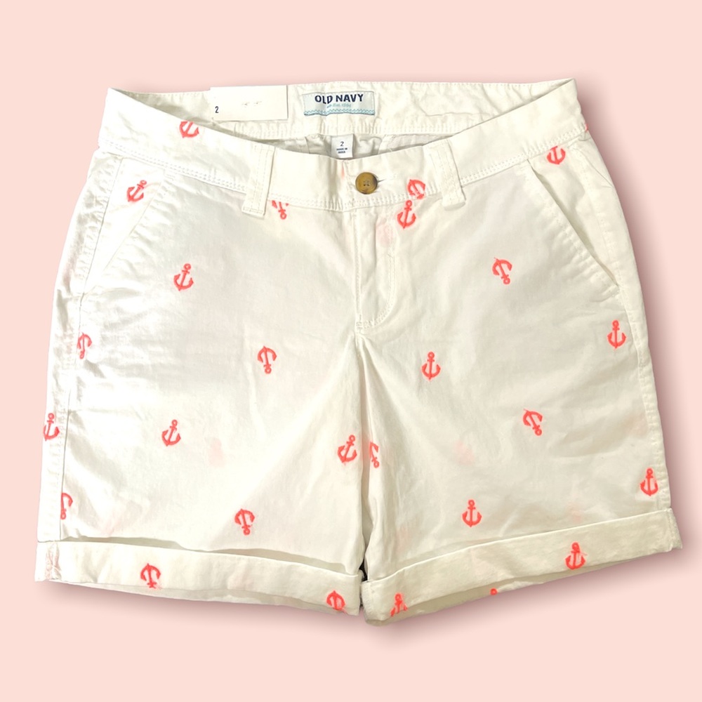 NWT White Bermuda Shorts with Neon Orange Anchor Embroidered Design, Old Navy.